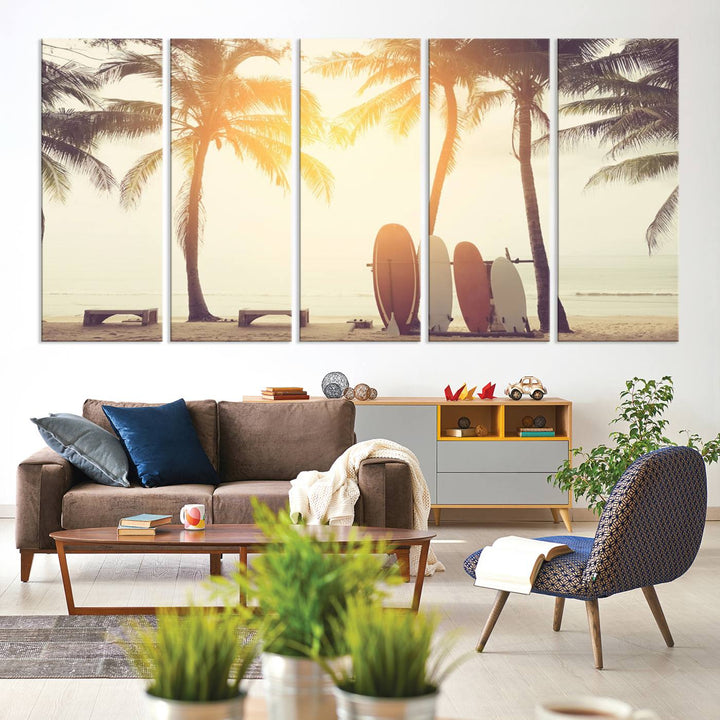 Surfboard and Palm Tree on Beach Double Exposure with Colorful Bokeh Sunset Light Wall Art Canvas