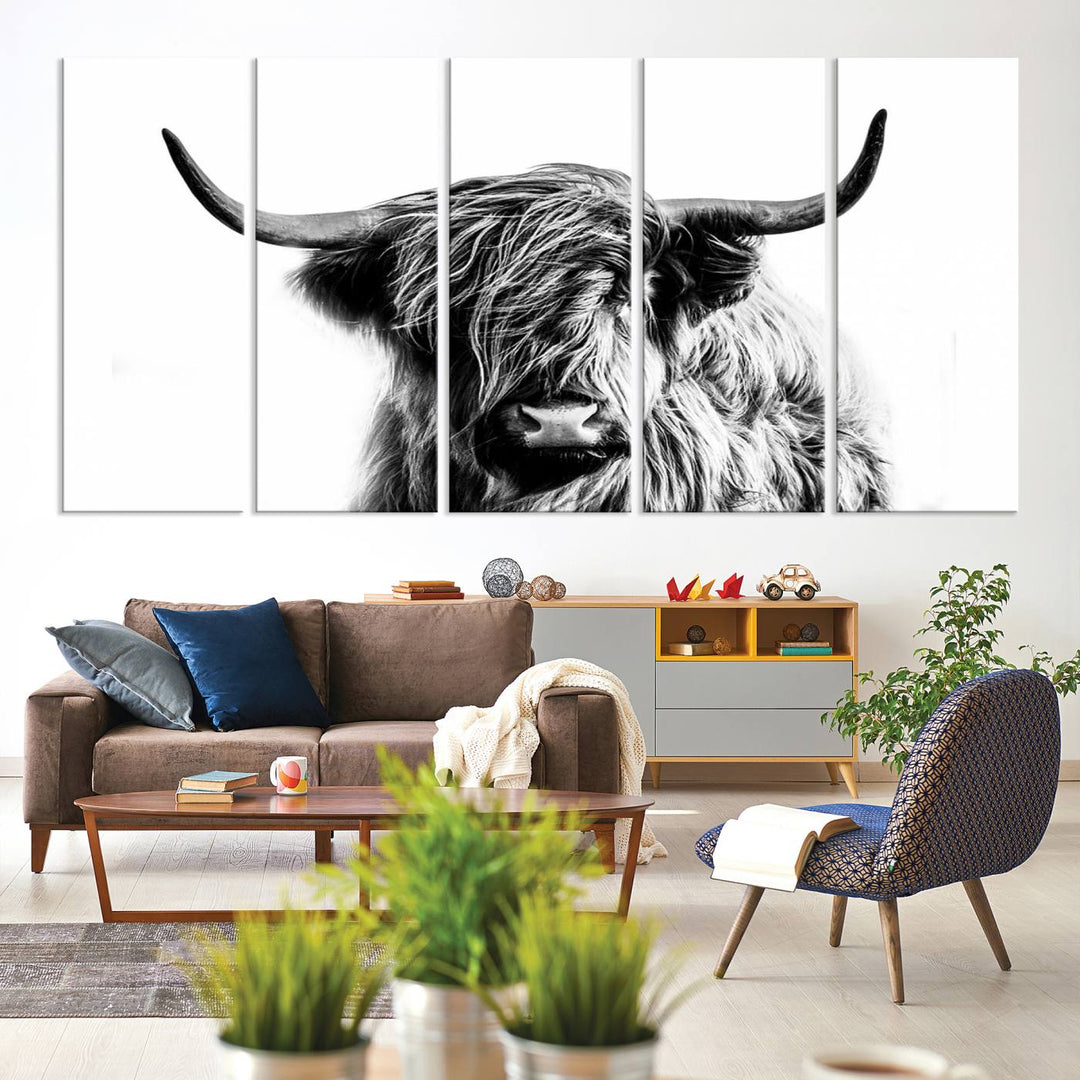 The Scottish Highland Cow Cattle Art Print Farmhouse Wall Art Canvas Print enhances rustic farmhouse decor with its depiction of a long-haired, large-horned cow. This triptych is an ideal choice for chic wall art.