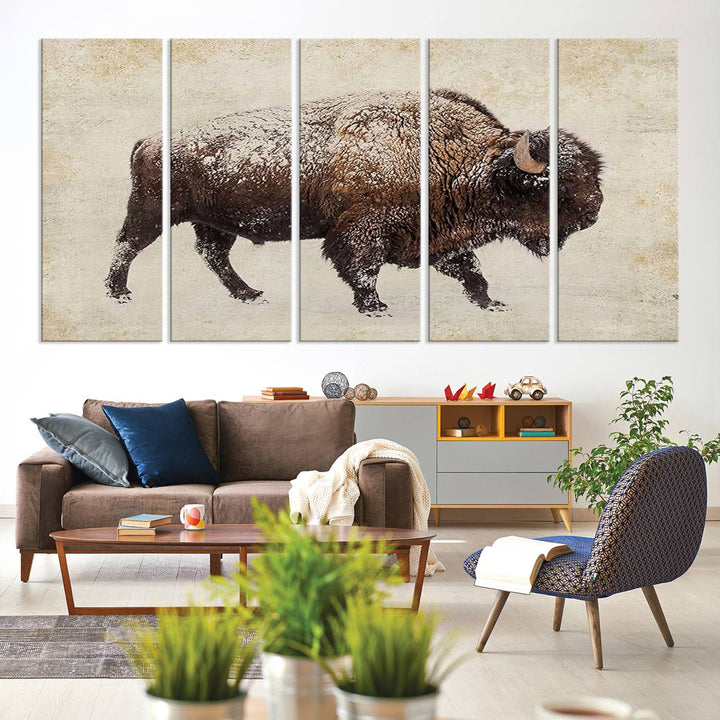 The "Buffalo Wall Art" canvas print, featuring a Western bison, hangs prominently, infusing the space with rustic cowboy and Western decor.