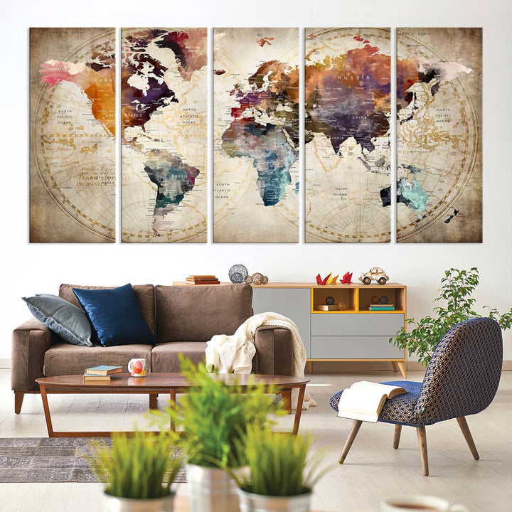 A World Map Wall Art Canvas Print featuring vibrant colors is crafted on museum-quality canvas, adding a touch of elegance to the room.