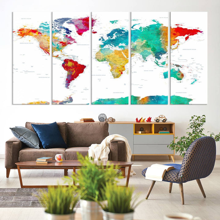 A stunning Colorful World Map Triptych Canvas Print, featuring a ready-to-hang framed design, adds vibrancy and modern flair to the space, effortlessly elevating the entire home décor.