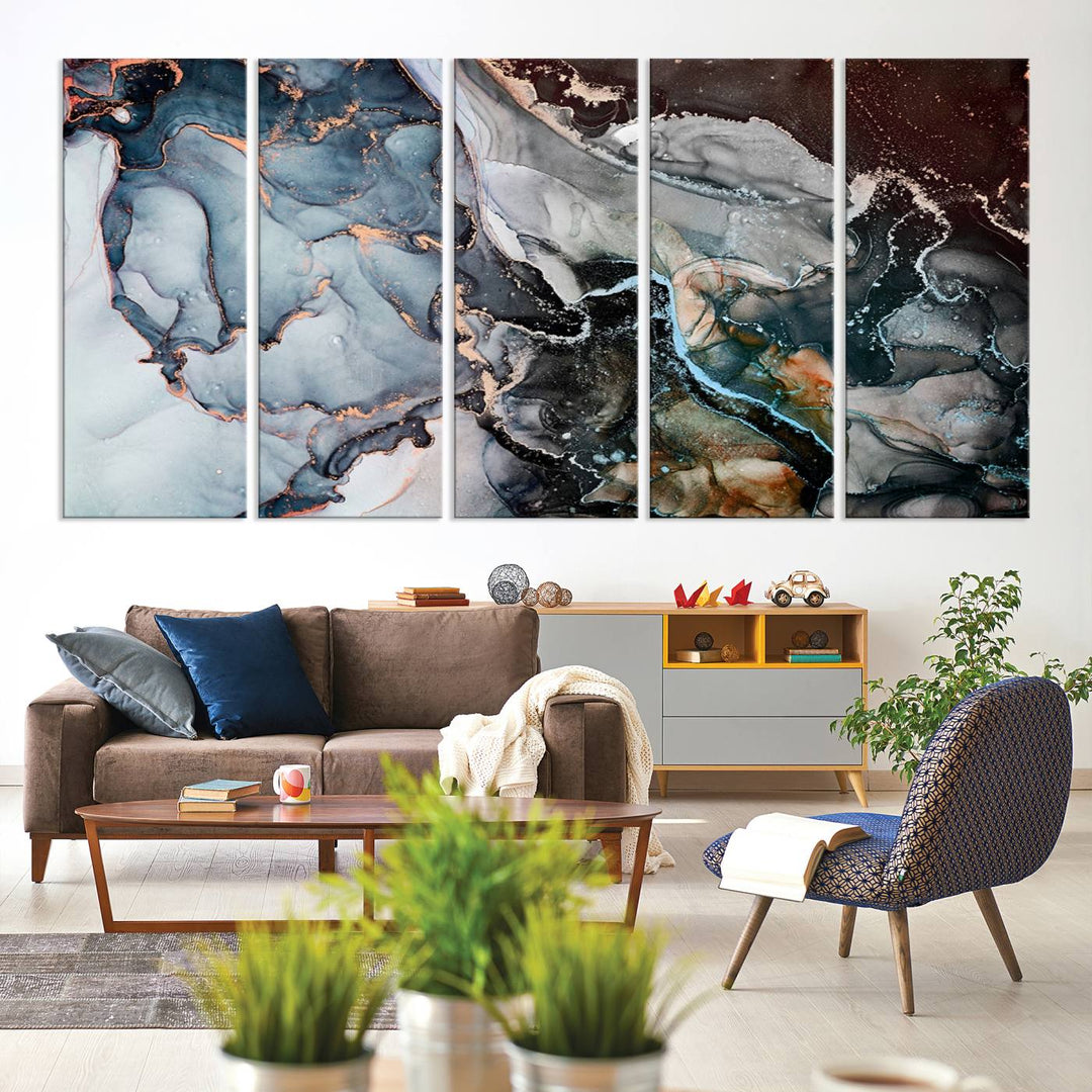 The Mix Color Large Abstract Marble Wall Art Canvas Print is printed on museum-quality canvas. It features a UV-protective coating and is ready to hang, adding elegance to the room.