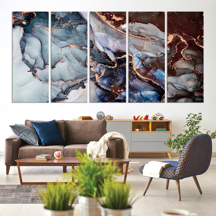 Brown Blue Abstract Marble Wall Art Canvas Print