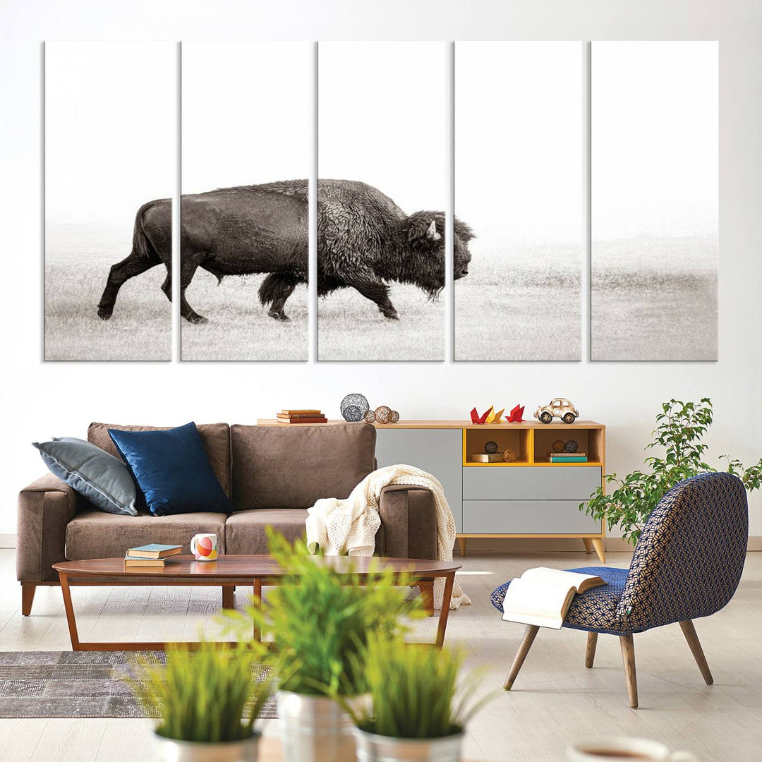 American Bison in Grasslands Triptych Canvas Wall Art – Western-Inspired Nature Decor for Home or Office