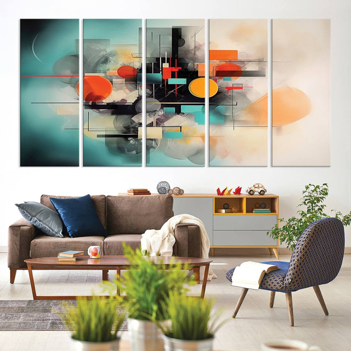 Modern living room featuring a Geometric Colorful Abstract Wall Art Canvas Print.