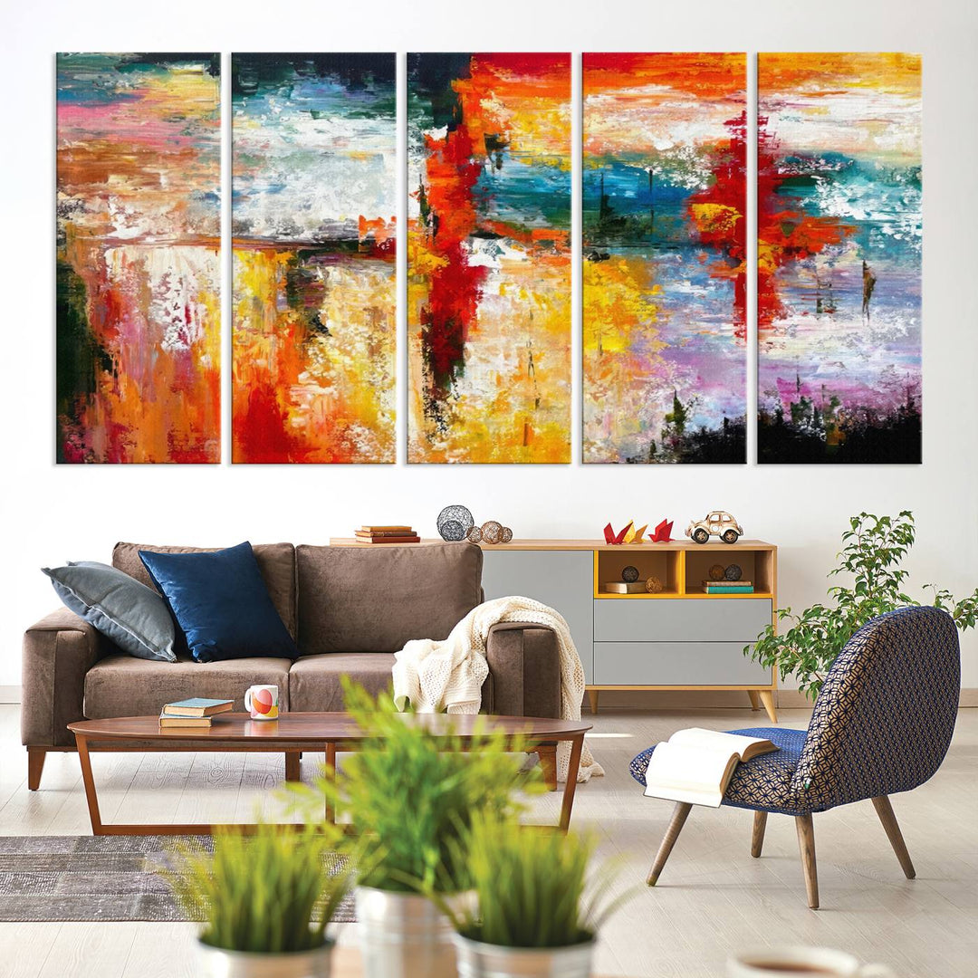 A Colorful Abstract Wall Art Canvas Print graces the wall, making this ready-to-hang masterpiece, complete with UV-protective coating, perfect for elevating any space with its vibrant allure.