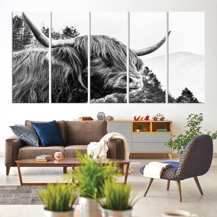 The Scottish Longhorn Wall Art Canvas Print features a highland cow with long horns and shaggy hair displayed on a museum-quality canvas. Equipped with a UV-protective coating for durability, it's ready to hang and enjoy for years to come.