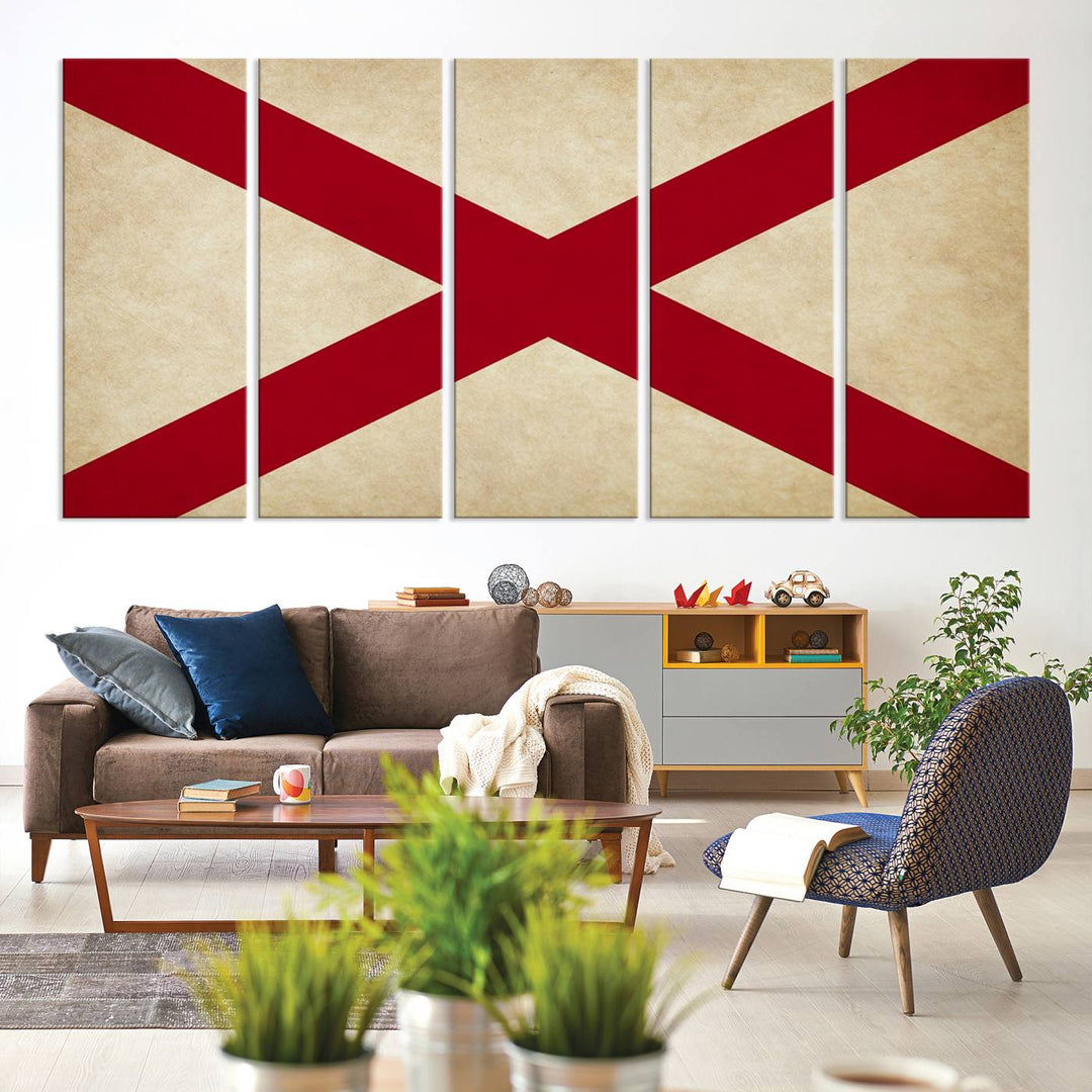 The USA Alabama States Flag Wall Art, featuring a red diagonal cross on a cream background, is elegantly displayed on museum-quality canvas with a UV-protective coating.