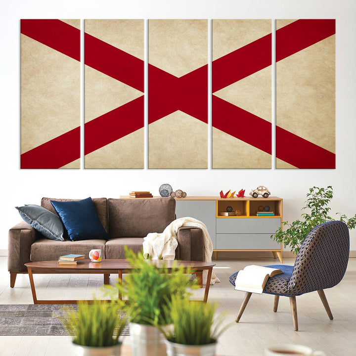 The USA Alabama States Flag Wall Art, featuring a red diagonal cross on a cream background, is elegantly displayed on museum-quality canvas with a UV-protective coating.