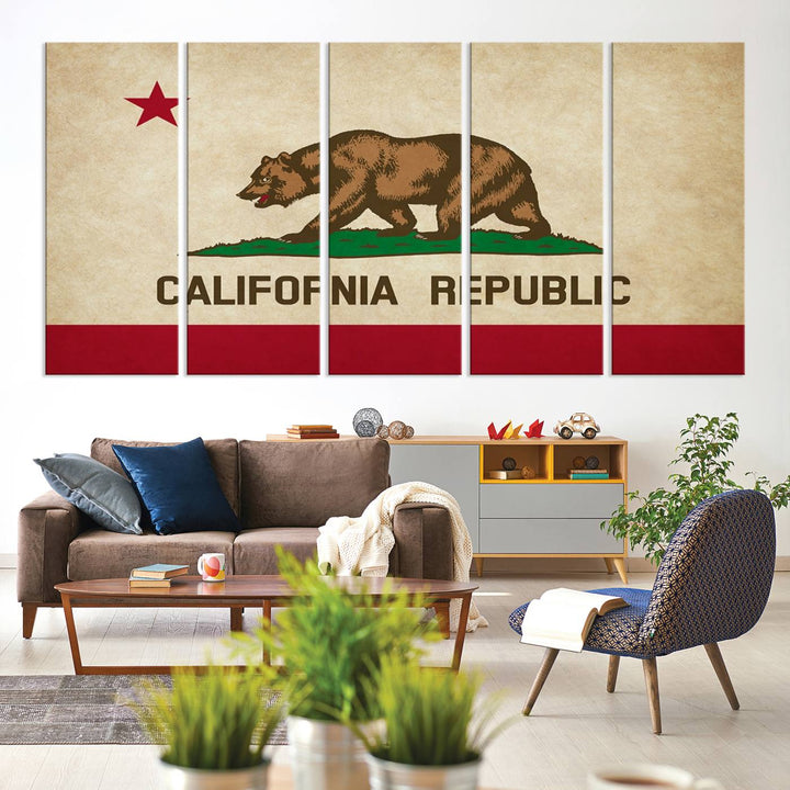 The Calinia States Flag Wall Art Canvas Print, featuring a bear and star design reminiscent of the California Republic flag, is crafted on museum-quality polycotton canvas with a UV-protective coating and is proudly made in the USA.