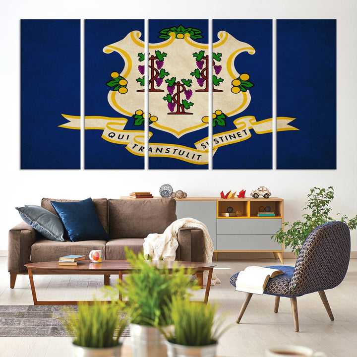 A "Size Connecticut States Flag Wall Art Canvas Print" hangs on the wall, its vibrancy preserved by a UV-protective coating.