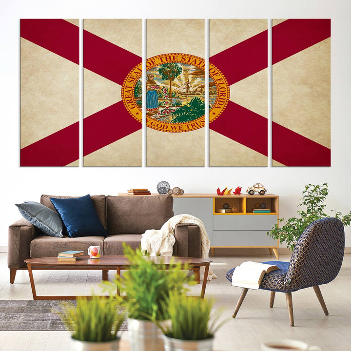 A Florida States Flag Wall Art Canvas Print, featuring a UV-protective coating for museum-quality preservation, is displayed.