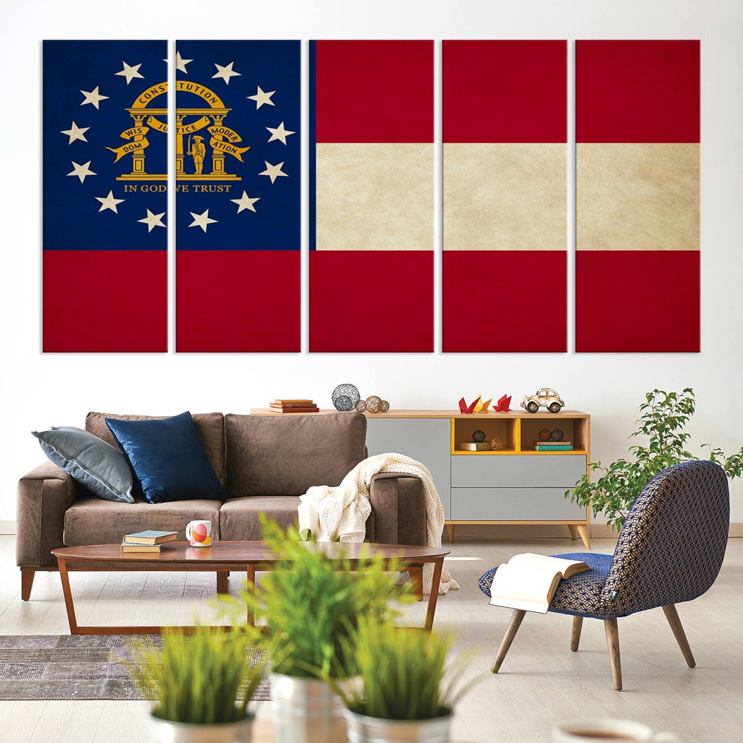 The Georgia States Flag Wall Art Canvas Print, coated with UV protection to preserve its vibrant colors, hangs on the wall.