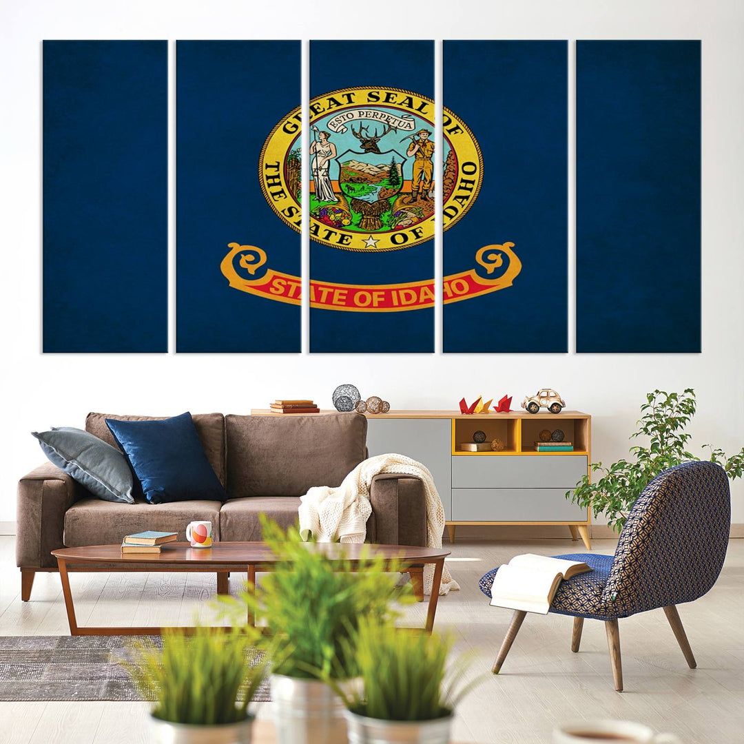 The Idaho USA States Flag Wall Art Canvas Print, featuring a UV-protective coating for lasting vibrancy, is ready to hang.