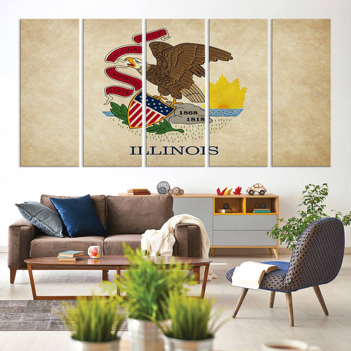 The Illinois State Flag Wall Art Canvas Print, crafted on museum-quality canvas with a UV-protective coating, is displayed prominently.