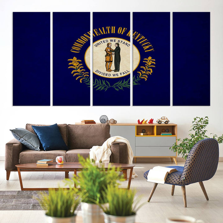 A museum-quality canvas of the Kentucky State Flag Wall Art graces the wall, featuring a UV-protective coating to maintain its vivid colors. Benefit from free shipping on this impressive home decor piece.