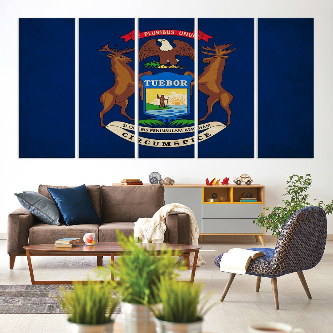 A piece of Michigan State Flag Wall Art on museum-quality canvas features a UV-protective coating to maintain its vibrant colors.