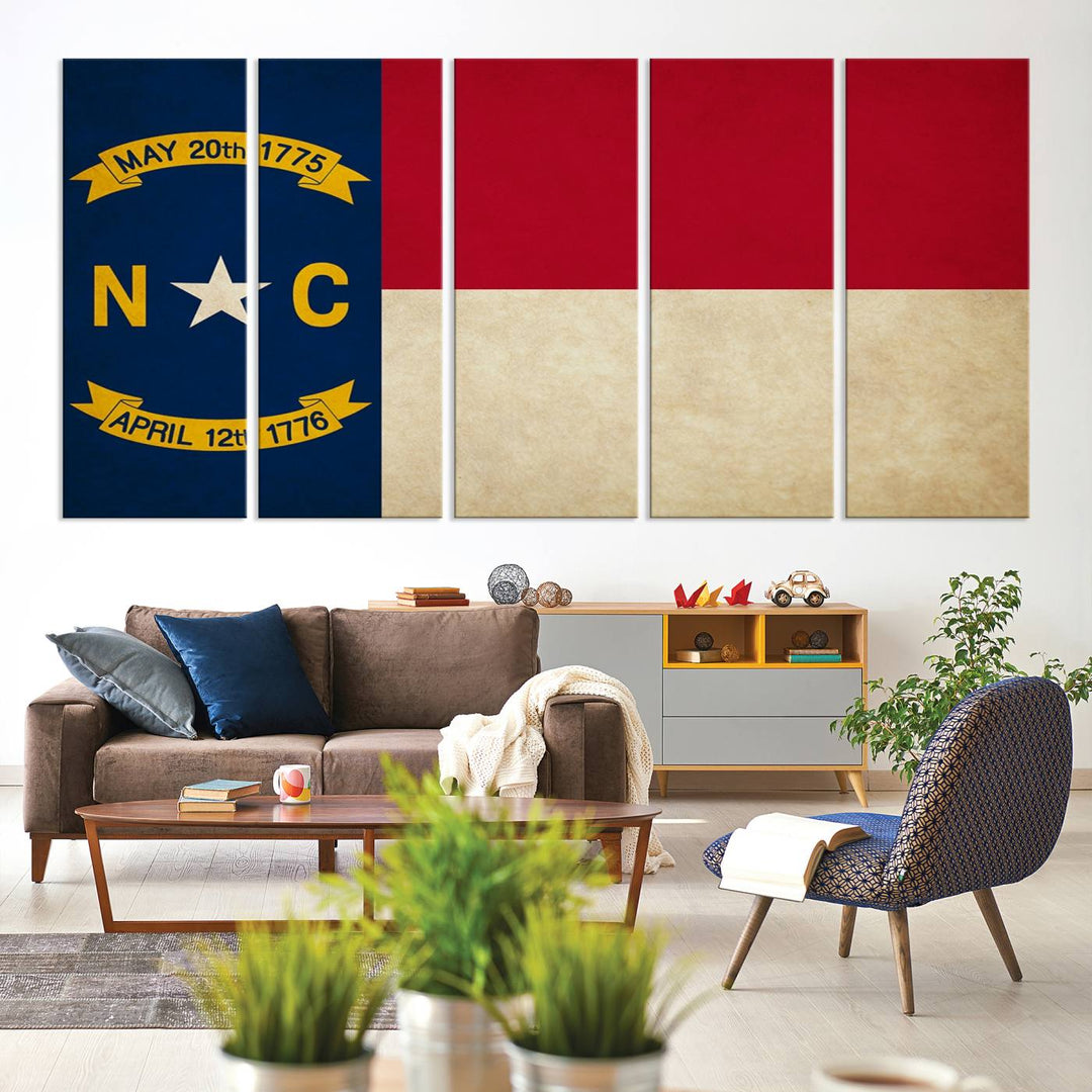 A museum-quality North Carolina State Flag Wall Art Canvas Print graces the wall, adding charm and character to any living space. Enjoy free shipping on this timeless piece.