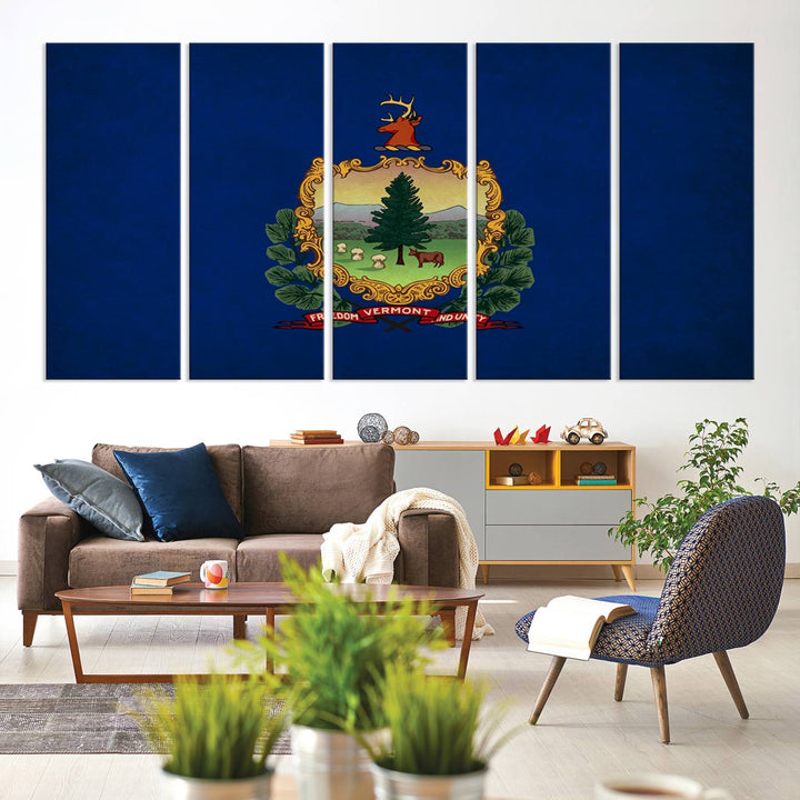 The Vermont Flag Wall Art Canvas Print is a museum-quality piece enhanced with UV-protective finishes, offering both style and durability. Enjoy free shipping on this classic decor addition.