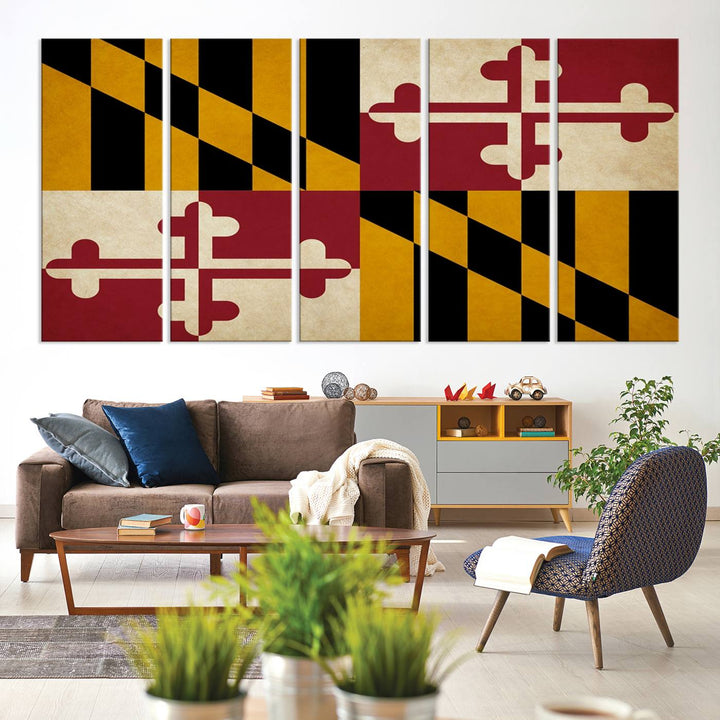 The Maryland Flag Wall Art Canvas Print, boasting a UV-protective coating for vibrant colors and durability, is a museum-quality piece offered with free shipping, making it the perfect addition to your space.