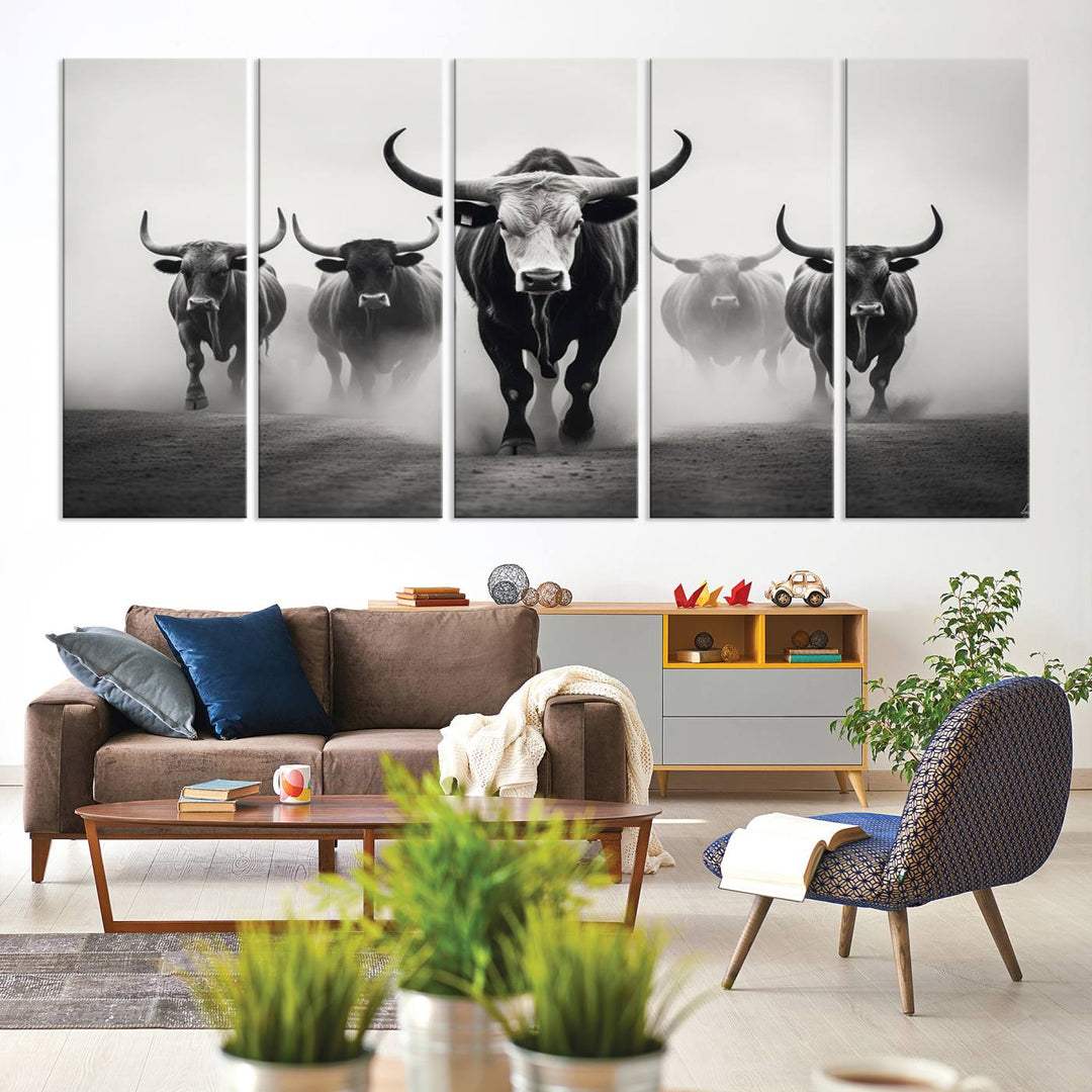 The Texas Longhorn Cow Animal Wall Art Canvas Print beautifully embellishes the area with its depiction of longhorn cattle in a misty setting, seamlessly integrating Western decor into the space.