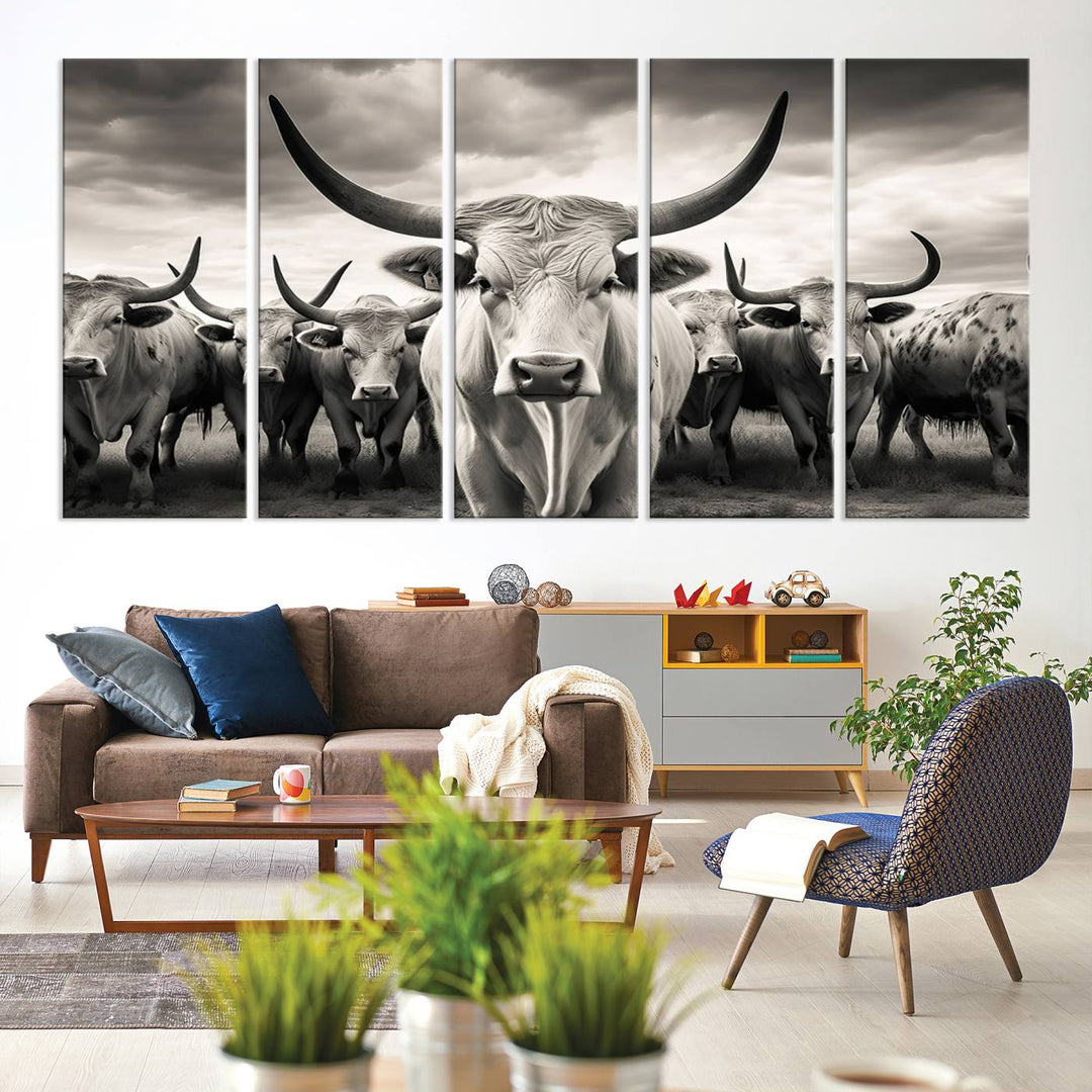 A Texas Longhorn Cow Animal Wall Art Canvas Print introduces a Western-themed accent.