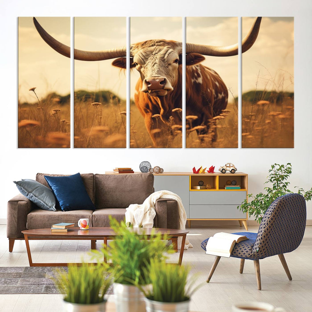 Cow Bighorn Wall Art Canvas Print, Longhorn Texas Cow Animal Canvas Print