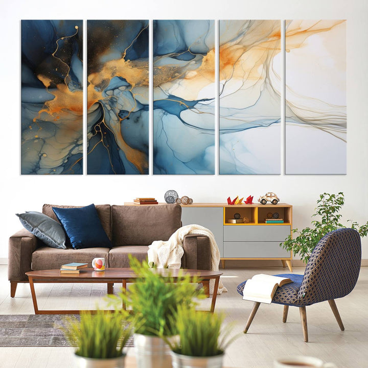 Art mural abstrait bleu marine orange, impression abstraite, impression sur toile abstraite