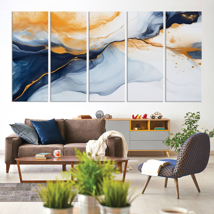 Modern living room featuring the 'Extra Large Orange Navy Blue Abstract Wall Art Canvas Print.'