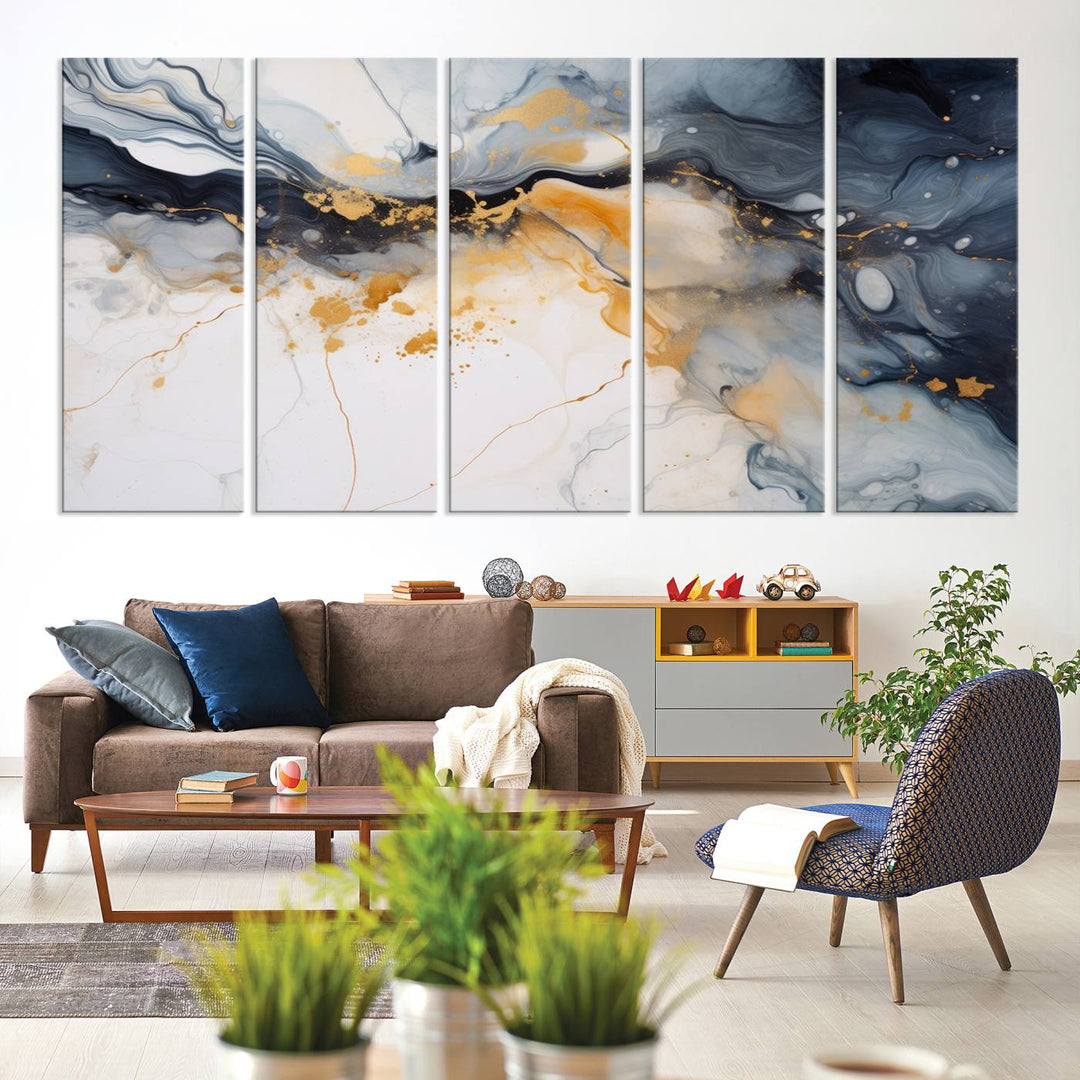 The Dark Blue and Orange Abstract Wall Art, featuring museum-quality canvas with captivating dark and golden swirls, is ready to hang and boasts a UV-protective coating to ensure enduring vibrancy and sophistication.