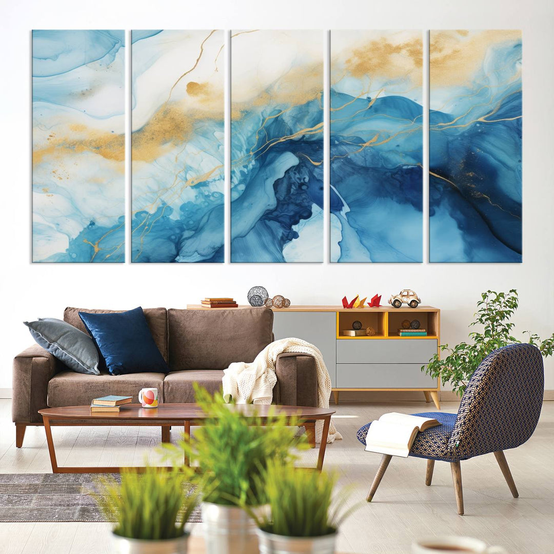 Blue and Gold Abstract Canvas Wall Art Print – Contemporary Fluid Design with Luxe Marble Effect – Ready to Hang