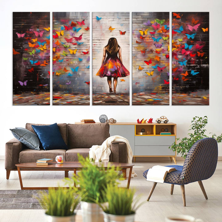 A vibrant artwork titled "Graffiti Wall Art Canvas Print Girl Butterfly Graffiti Abstract Canvas Print" is displayed above the couch. This gallery-wrapped masterpiece, printed on museum-quality canvas, features a UV-protective coating to preserve its vivid beauty.