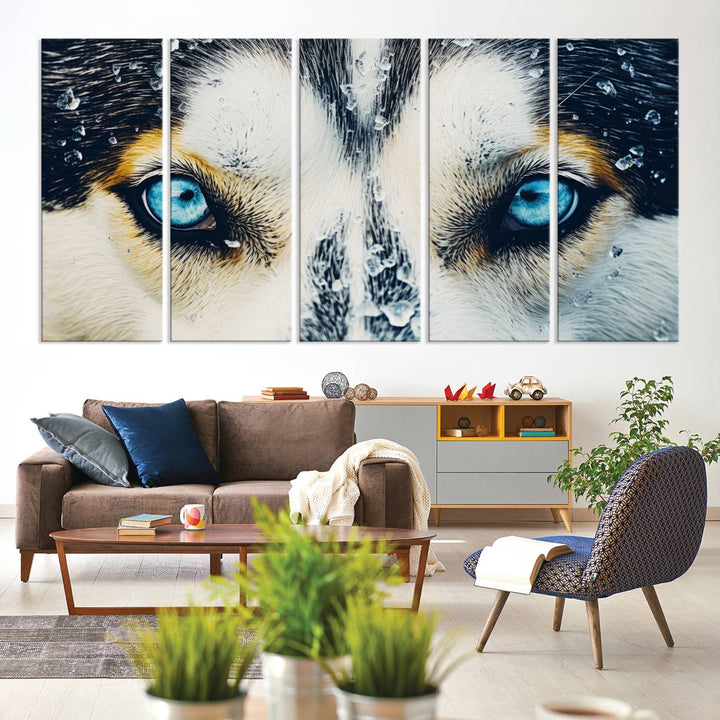 The captivating "Winter Siberian Husky Wolf EYE Wall Art Canvas Print" showcases the striking blue eyes of the animal portrait.