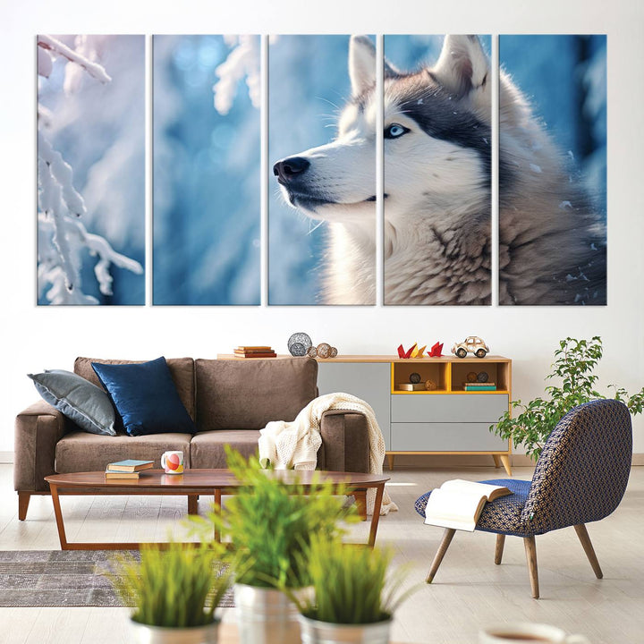 A captivating Winter Siberian Husky Wolf Wall Art Canvas Print hangs prominently.