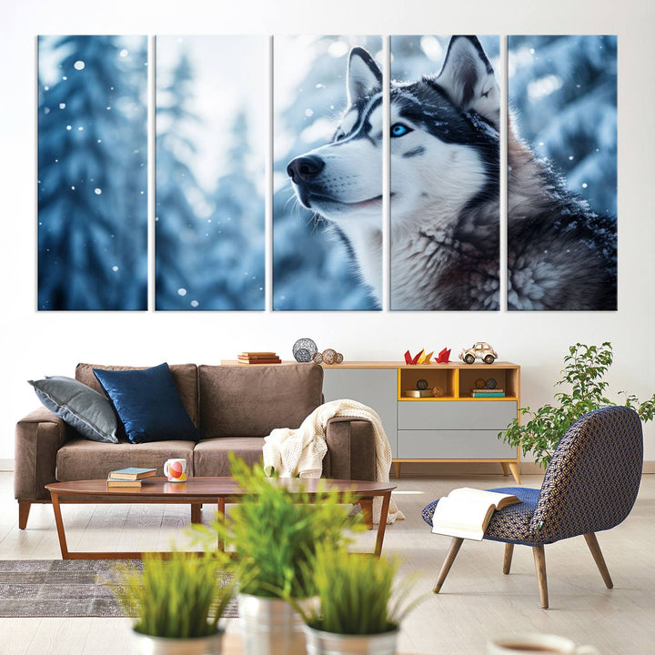 The "Winter Siberian Husky Wolf Wall Art Canvas Print" is elegantly displayed, enhancing the room's cozy ambiance in a snowy forest setting.