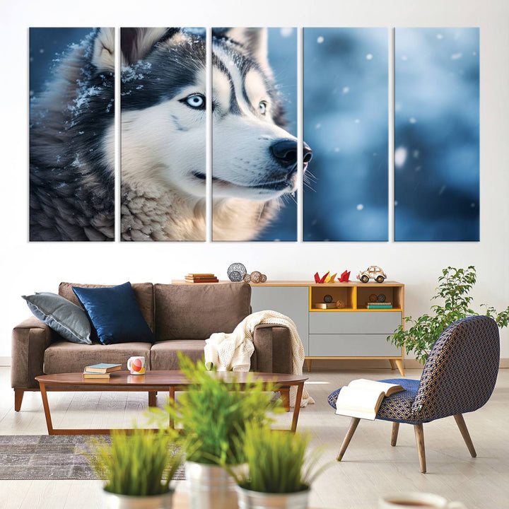 The space above the sofa features the Winter Siberian Husky Wolf Wall Art Canvas Print, creating a stunning snowy scene.