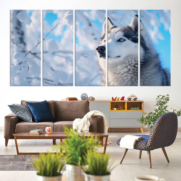 The Siberian Husky Art Canvas elegantly enhances the room.