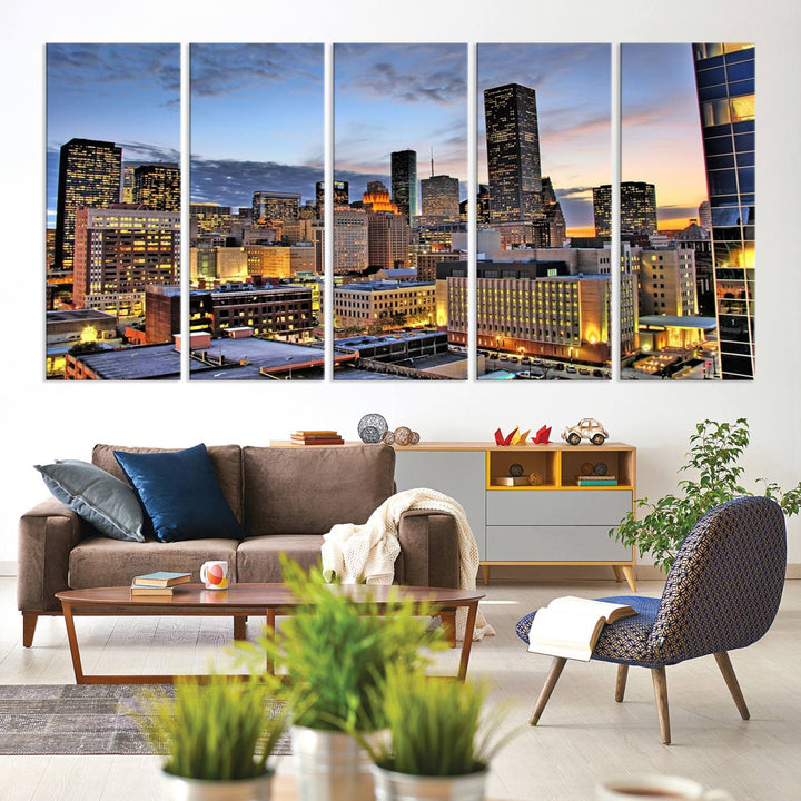 The modern living room features the Houston Wall Art Canvas Print on the wall. This professional craftsman framed masterpiece depicts a cityscape and is created with museum-quality polycotton canvas, ensuring a polished look that enhances its elegant charm.