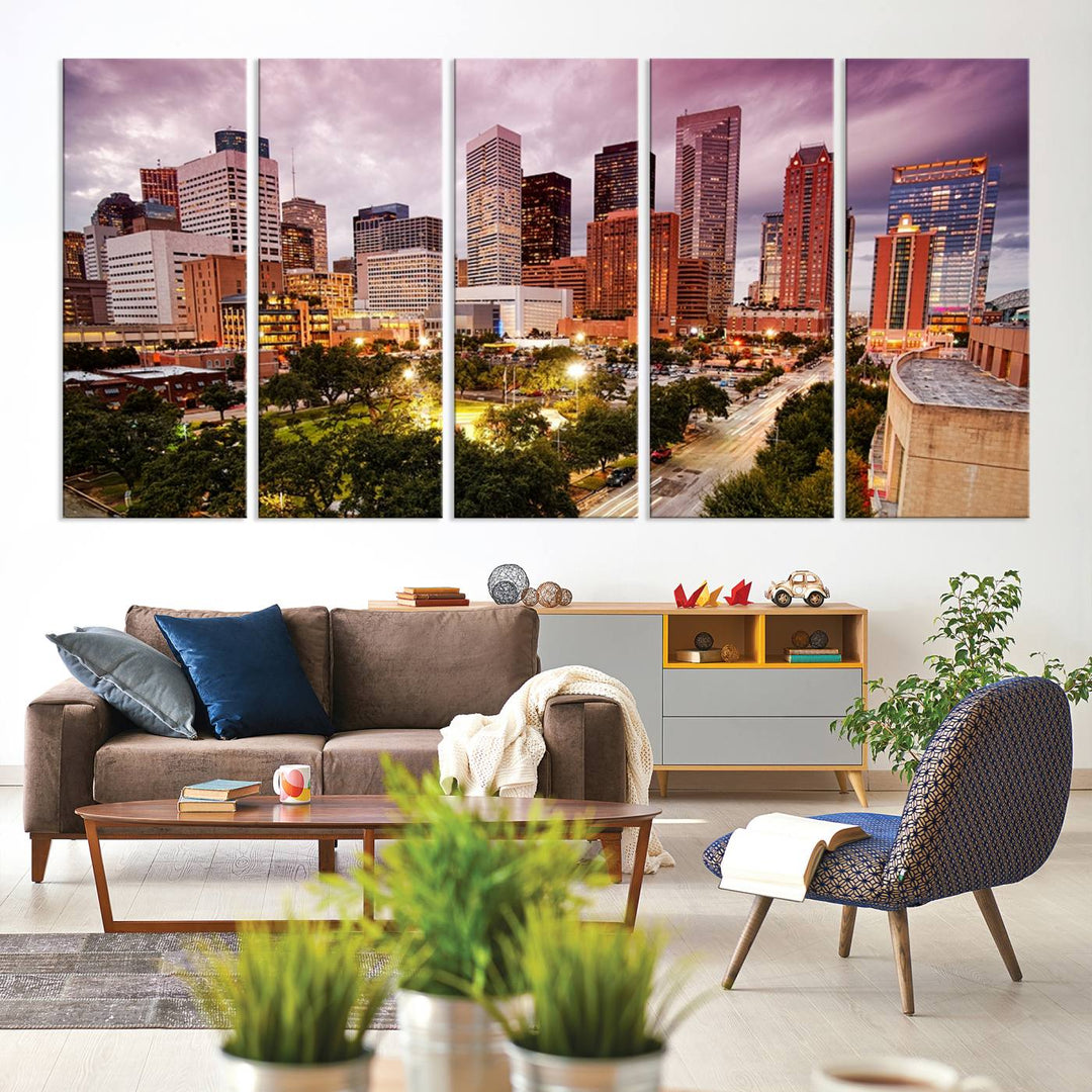 The Houston Wall Art Canvas Print in the living room displays a vibrant city skyline at twilight on museum-quality canvas with UV-protective coating.