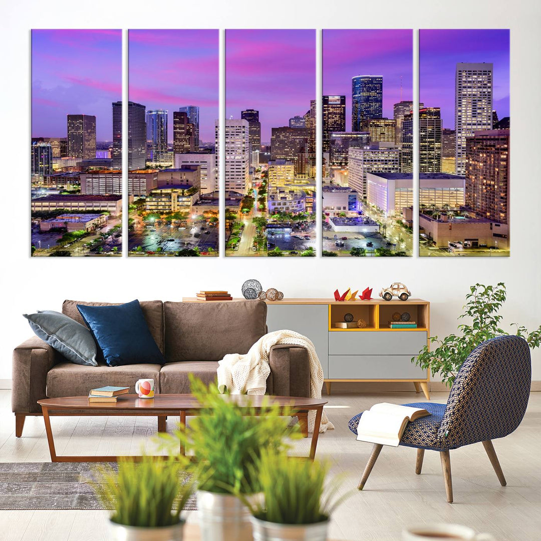 Houston Wall Art Canvas Print showcasing a vibrant cityscape at dusk on museum-quality canvas, expertly crafted by professional craftsmen.