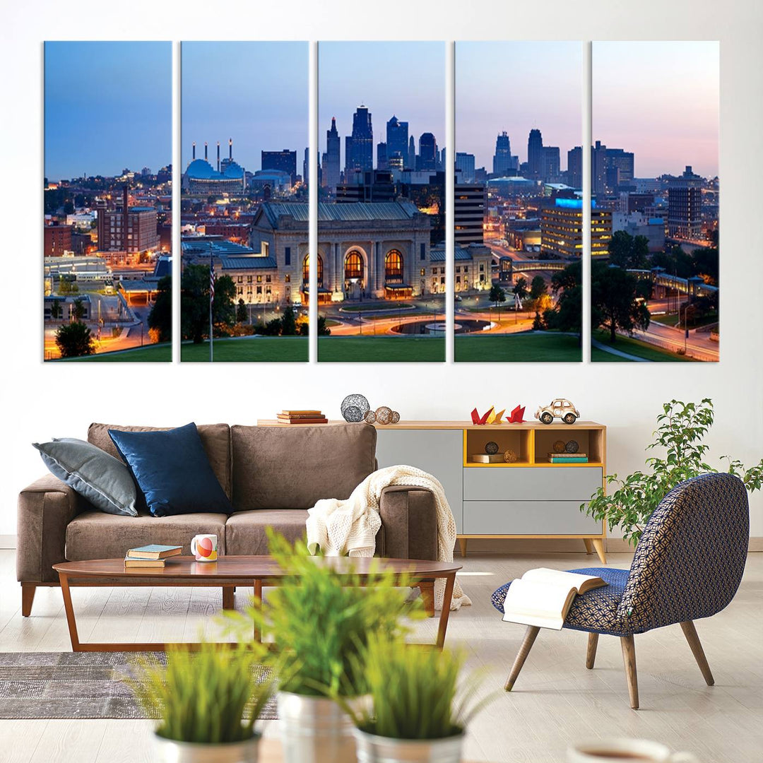 The Kansas City Skyline Canvas Wall Art Print hangs above, showcasing an iconic dusk cityscape with a historic building in the foreground, exuding urban sophistication.