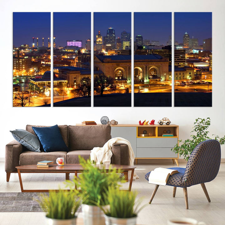 The Kansas City Night Canvas Print Wall Art creates a scene as captivating as museum-quality art, showcasing a city skyline at night with illuminated buildings.