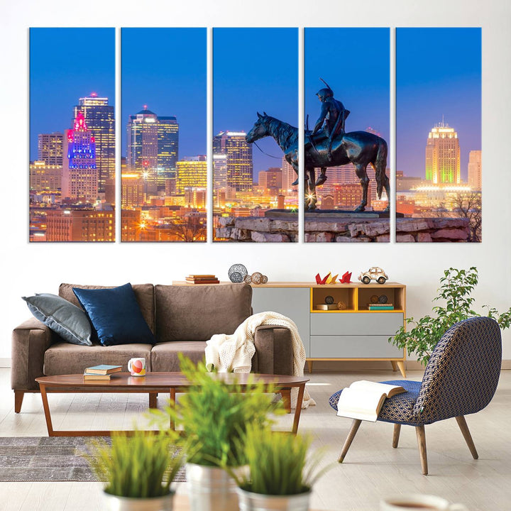 A large Kansas City Night Canvas Print Wall Art adorns the wall, gallery wrapped and finished with a UV-protective coating for lasting vibrancy.