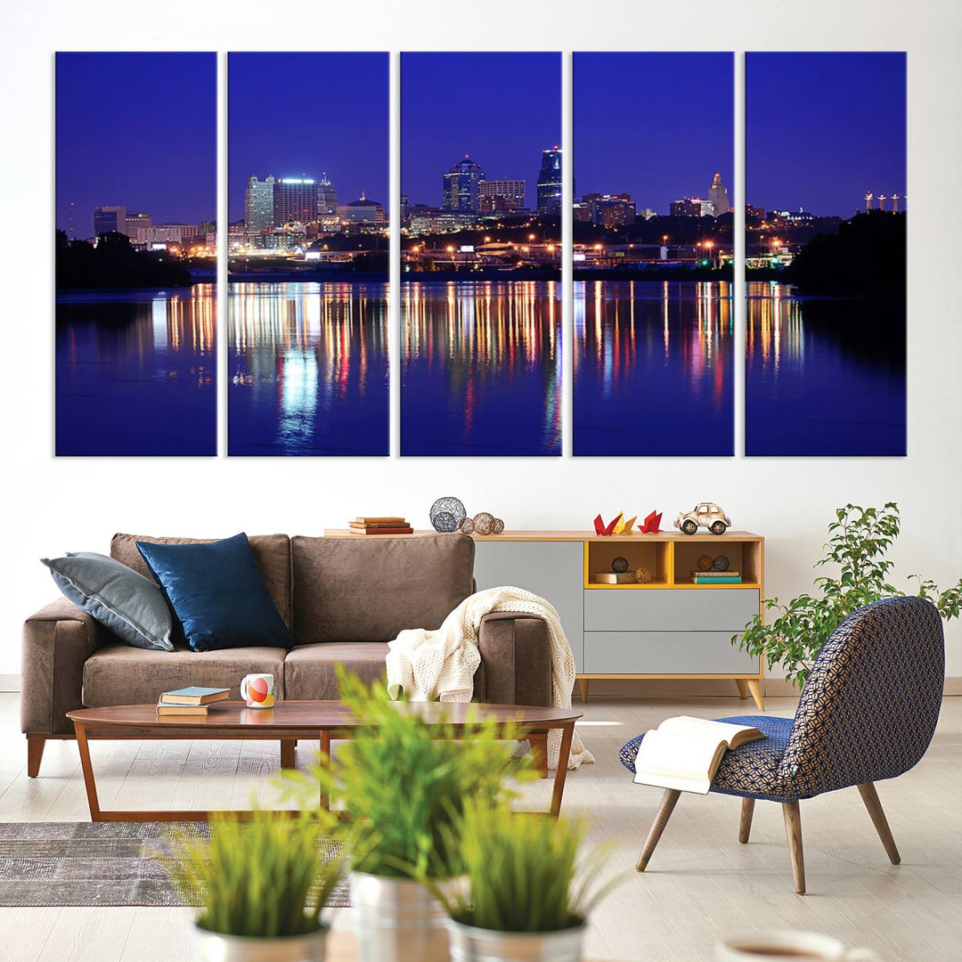 The Kansas City Night Canvas Print Wall Art captures the shimmering city skyline on the calm water, where every detail resembles a museum-quality polycotton masterpiece.