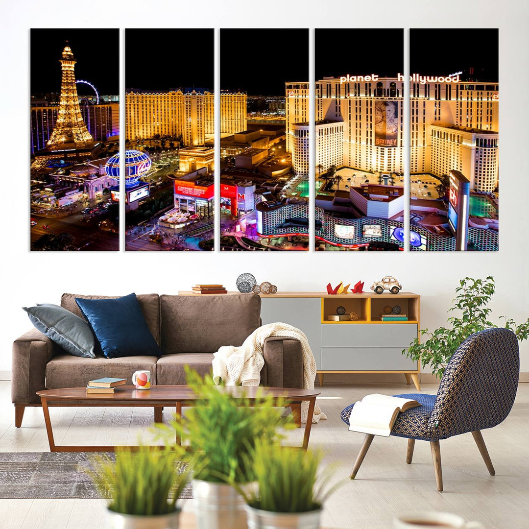 The Las Vegas Wall Art Canvas Print is a triptych set that showcases a stunning night view of Las Vegas. The illuminated buildings and the iconic faux Eiffel Tower add elegance to any space. Each piece comes with a UV-protective coating and is ready to hang, ensuring both style and durability.