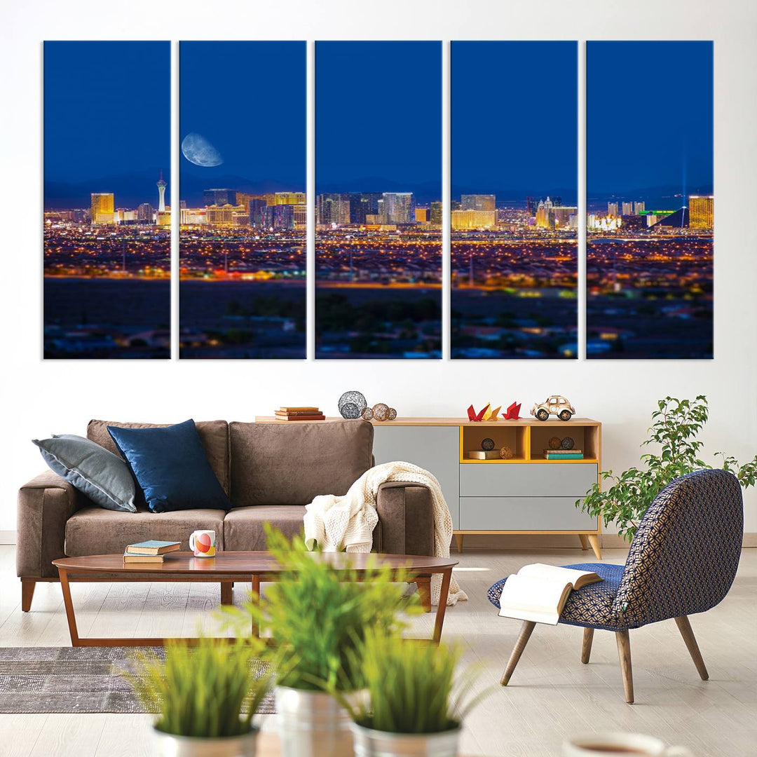 The Las Vegas Wall Art Canvas Print, depicting a city skyline at night, enhances a modern living room with its museum-quality canvas. This triptych comes ready to hang and boasts a UV-protective coating for lasting brilliance.