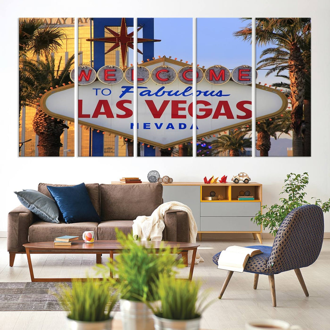 A Las Vegas Wall Art Canvas Print hangs on the wall, showcasing the iconic Welcome to Fabulous Las Vegas, Nevada sign. The museum-quality canvas guarantees vibrant colors with its UV-protective coating and is available with free shipping for added convenience.