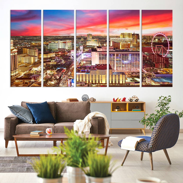 Las Vegas Wall Art Canvas Print depicting a vibrant cityscape at dusk on museum-quality canvas with a UV-protective coating, showcasing a skyline with colorful clouds.