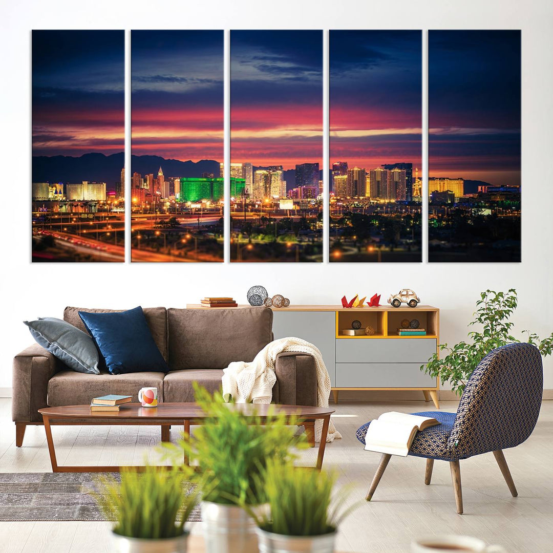 The living room is adorned with the Las Vegas Wall Art Canvas Print, a triptych showcasing a cityscape at sunset. This piece is crafted on museum-quality canvas and protected by a UV-coated finish, highlighting the craftsmanship of a skilled professional.