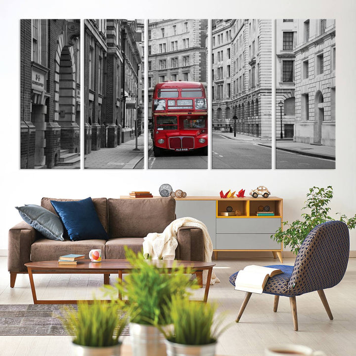 The living room features museum-quality London Red Bus Wall Art, showcasing a split canvas print of a red bus on a black and white city street. This artwork is ready to hang and includes a UV-protective coating to ensure long-lasting vibrance.